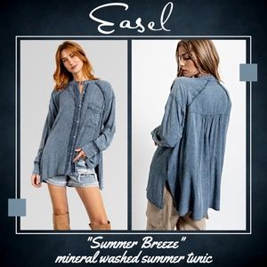 EASEL "Summer Breeze" Mineral Washed Frayed Seams Button Up Tunic Top Side Slits